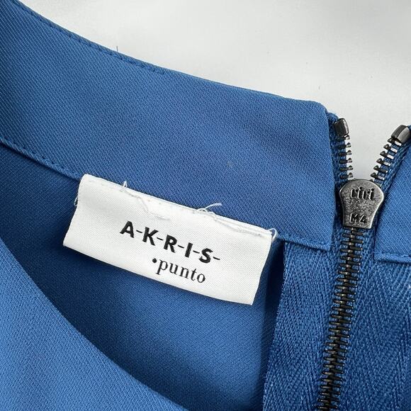 Akris Punto Drop Waist Pleated Front Mini Dress Blue Short Sleeves Zip Size 12 - Picture 9 of 12